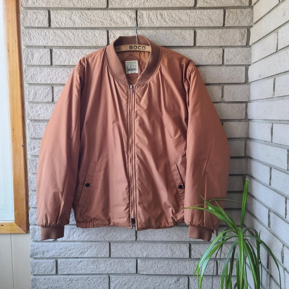 Vintage 90s 'Canadian Classic' tan zip-up canvas bomber jacket men's M